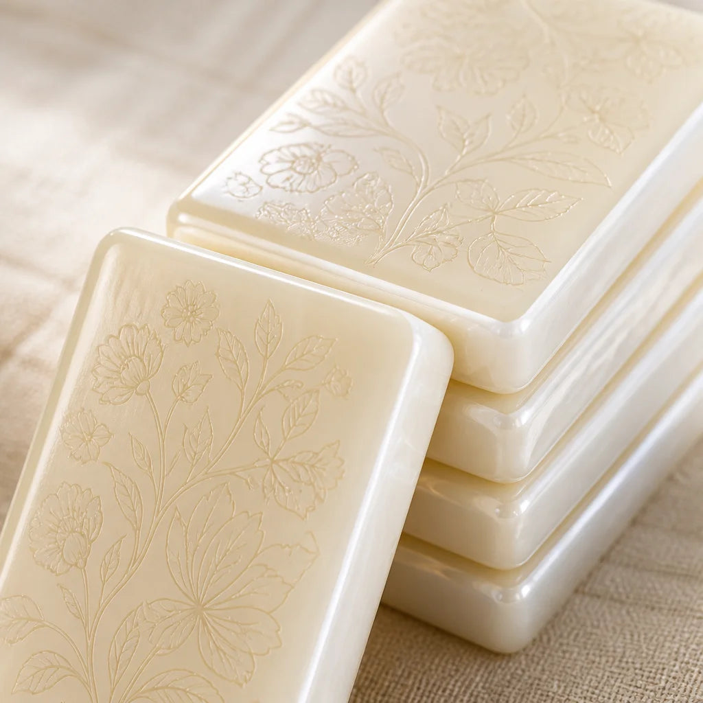AXISIA Artisan: 19 Pearl White - pearl lacquer tile backs with engraved floral detail